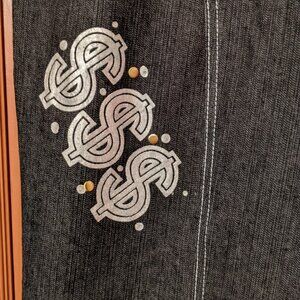 FINE JEANS STRETCH- PLUS SIZE 26 BLACK DENIM WITH DOLLAR SIGNS-HIGH RISE-